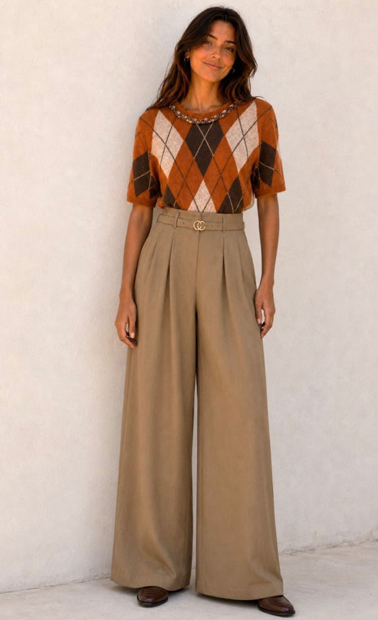 Taupe High Waist Wide Leg Trouser