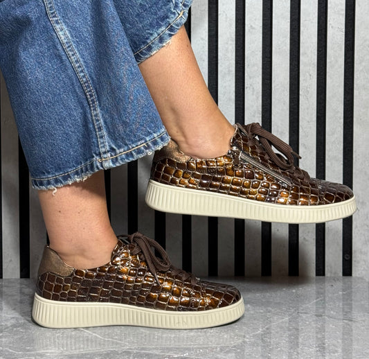 Remonte -  Brown Croc Patent Side Zip Trainer