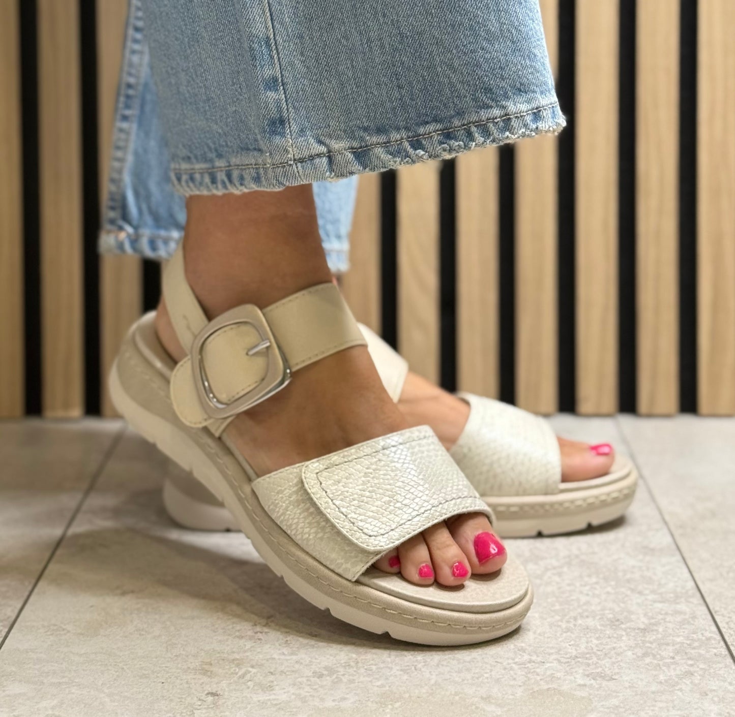 Jana - Ivory Combo Buckle Detail Leather Sandal