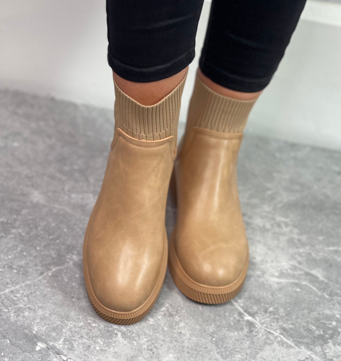 Lunar - 'Tara' Beige Wedge Sock Boot