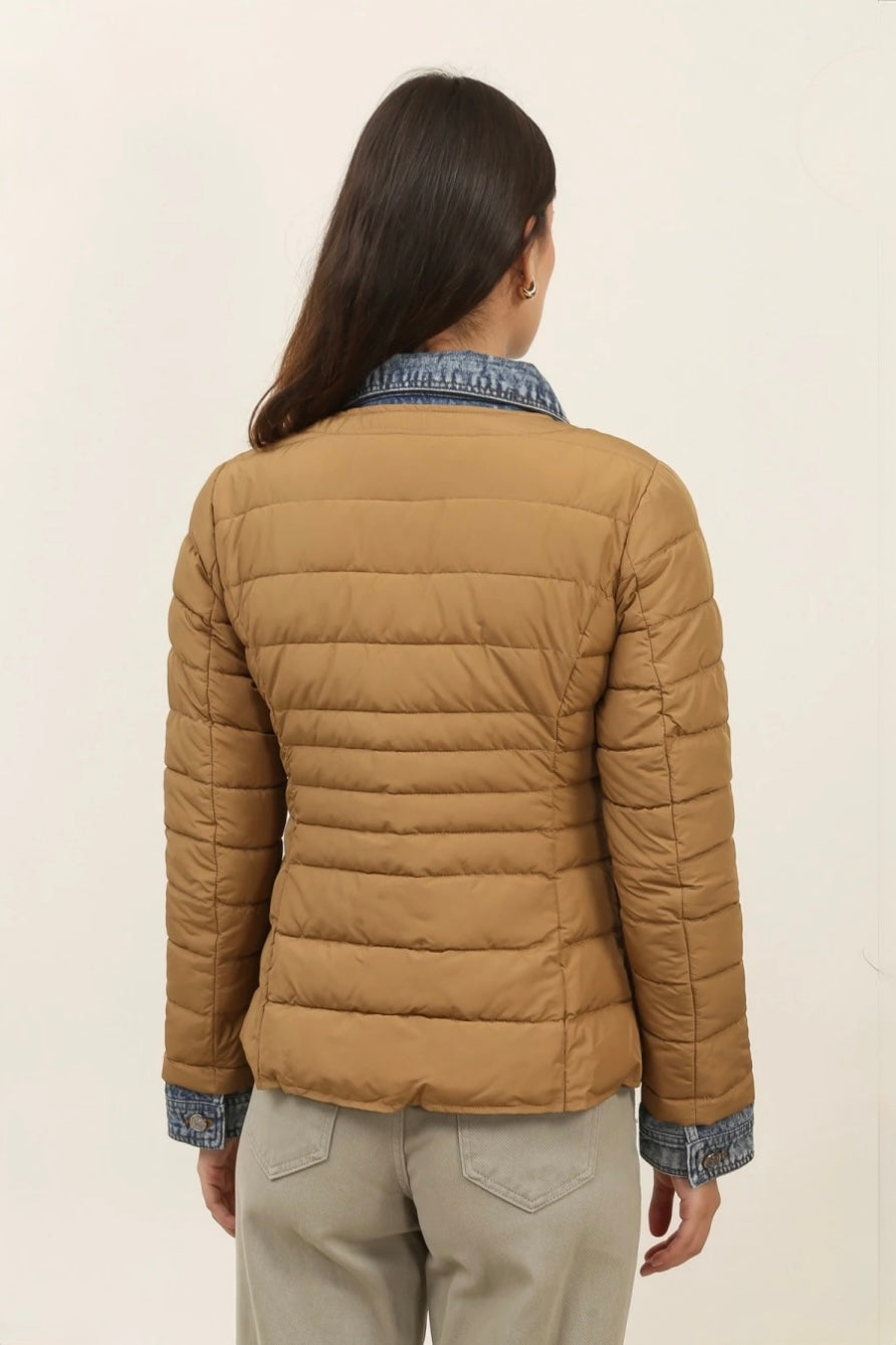 Camel/Denim Trim Short Puffer Jacket