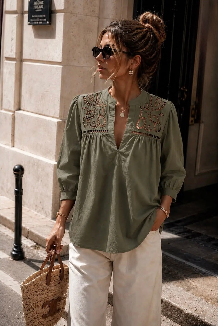 Khaki Openwork Embroidery Blouse