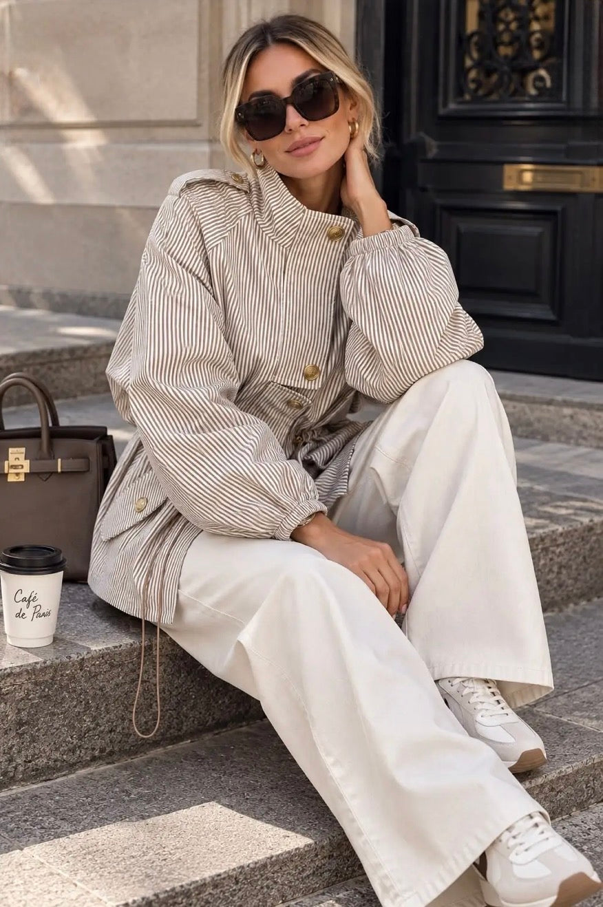 Beige Striped Safari Jacket With Adjustable Waist.