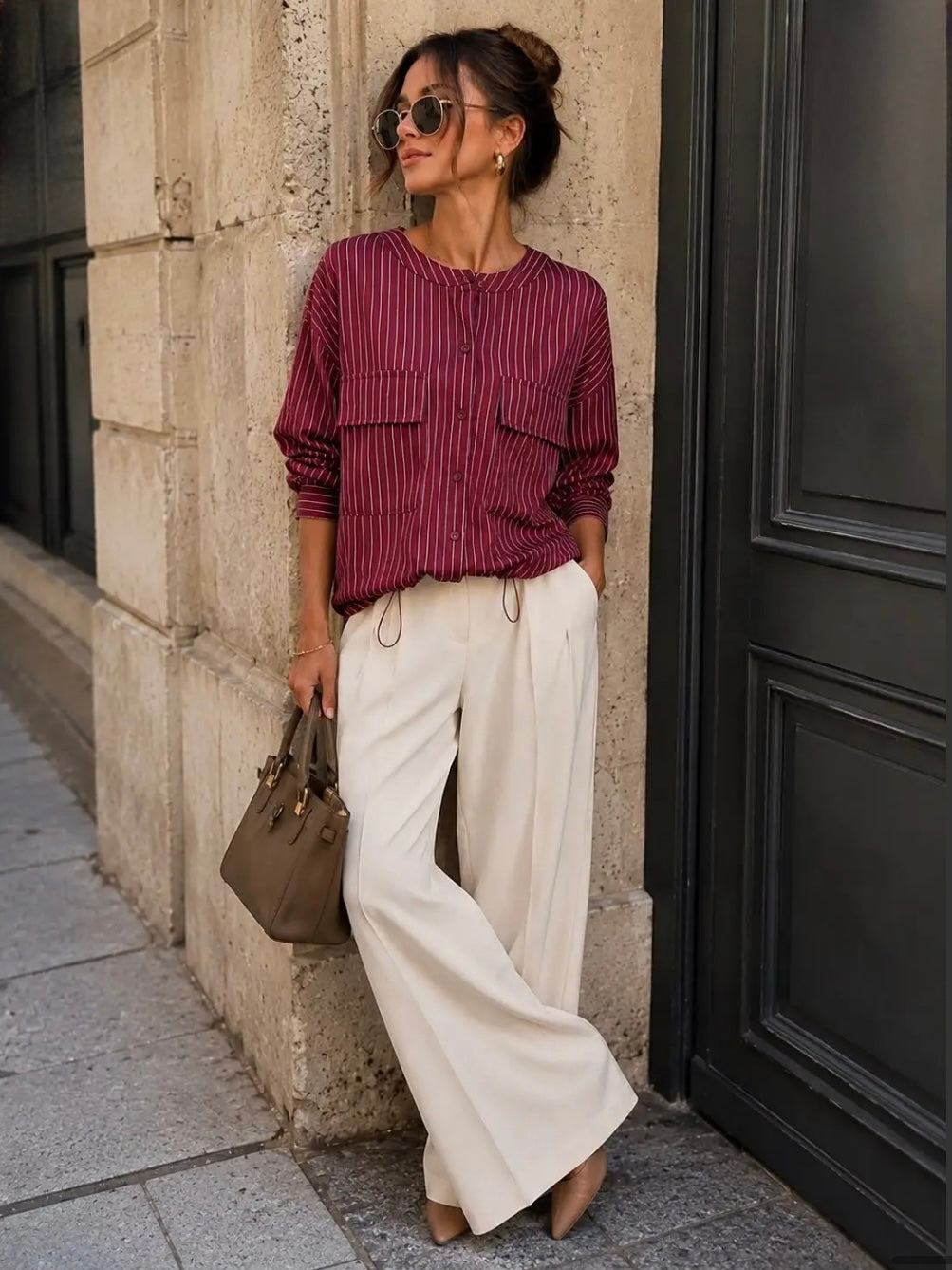 Wine Striped Shirt With Drawstring