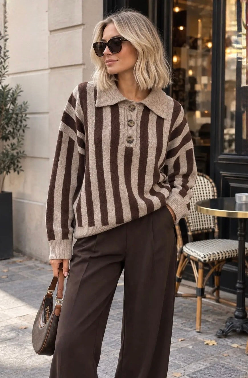 Taupe/Brown Striped Polo Knit