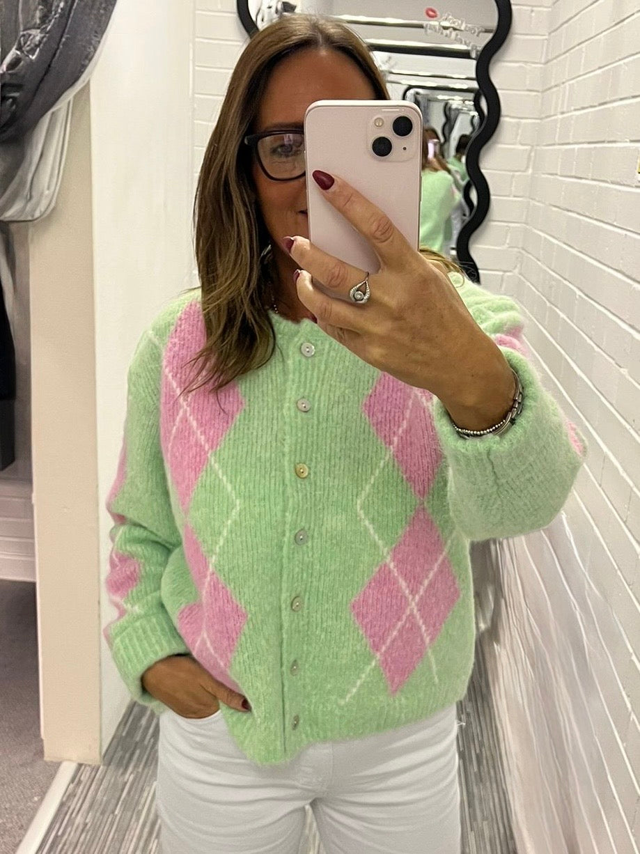 Kilky - Green/Pink Argyle Cardigan.