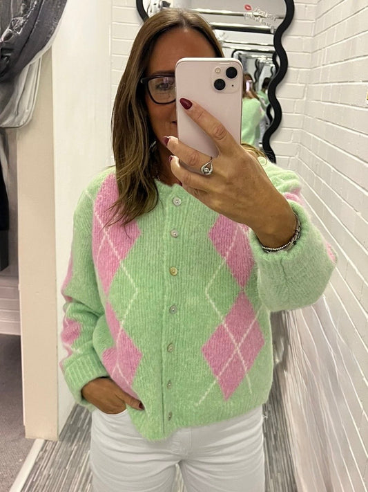 Kilky - Green/Pink Argyle Cardigan.