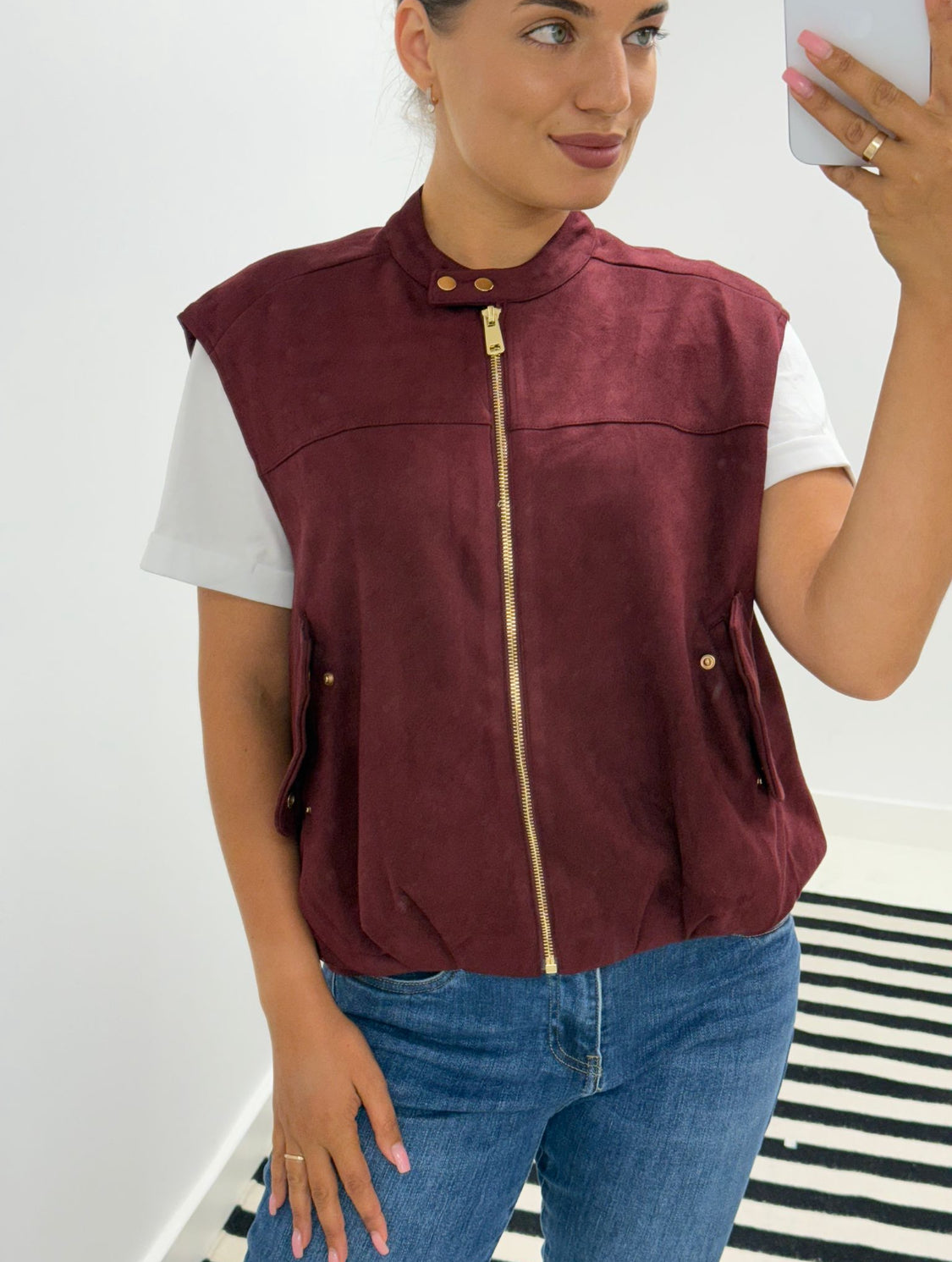 Wine Faux Suede Sleeveless Bomber.