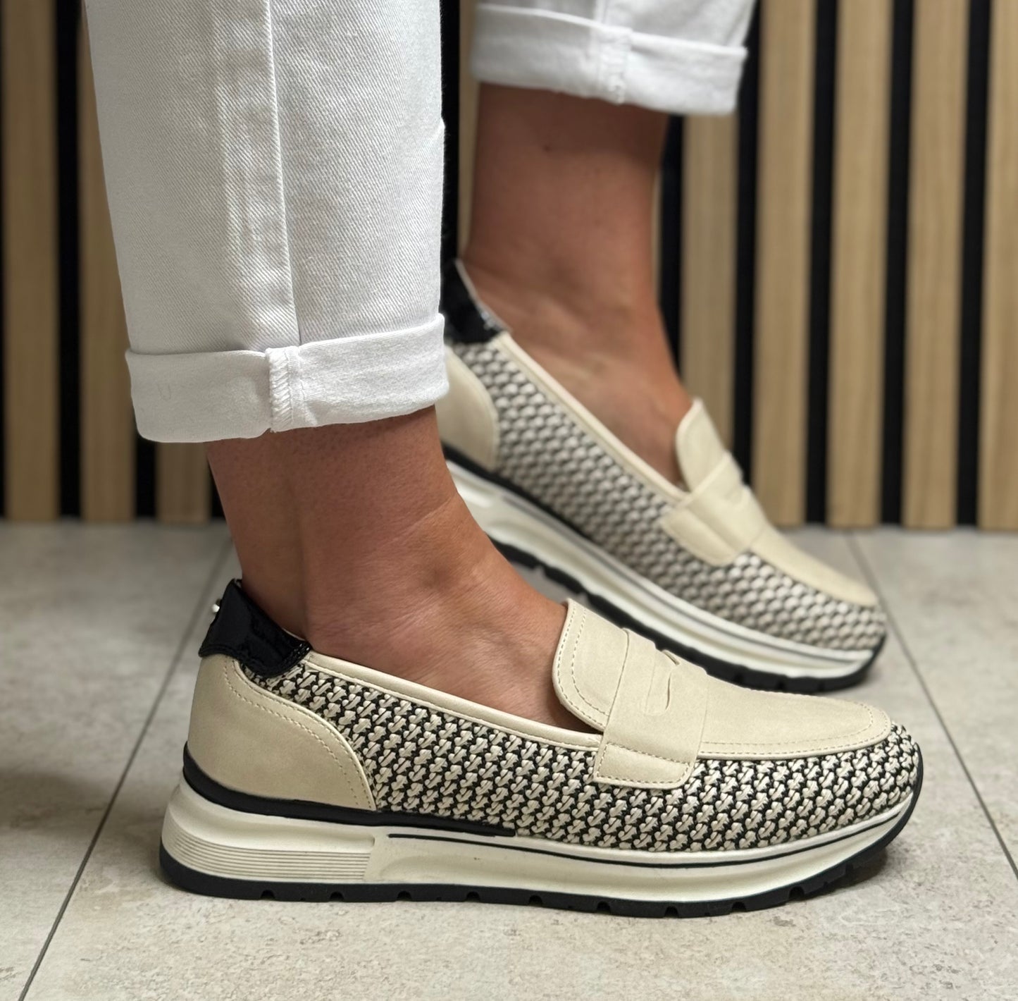 Lotus - 'Florida' Cream/Black Woven Slip On Shoe