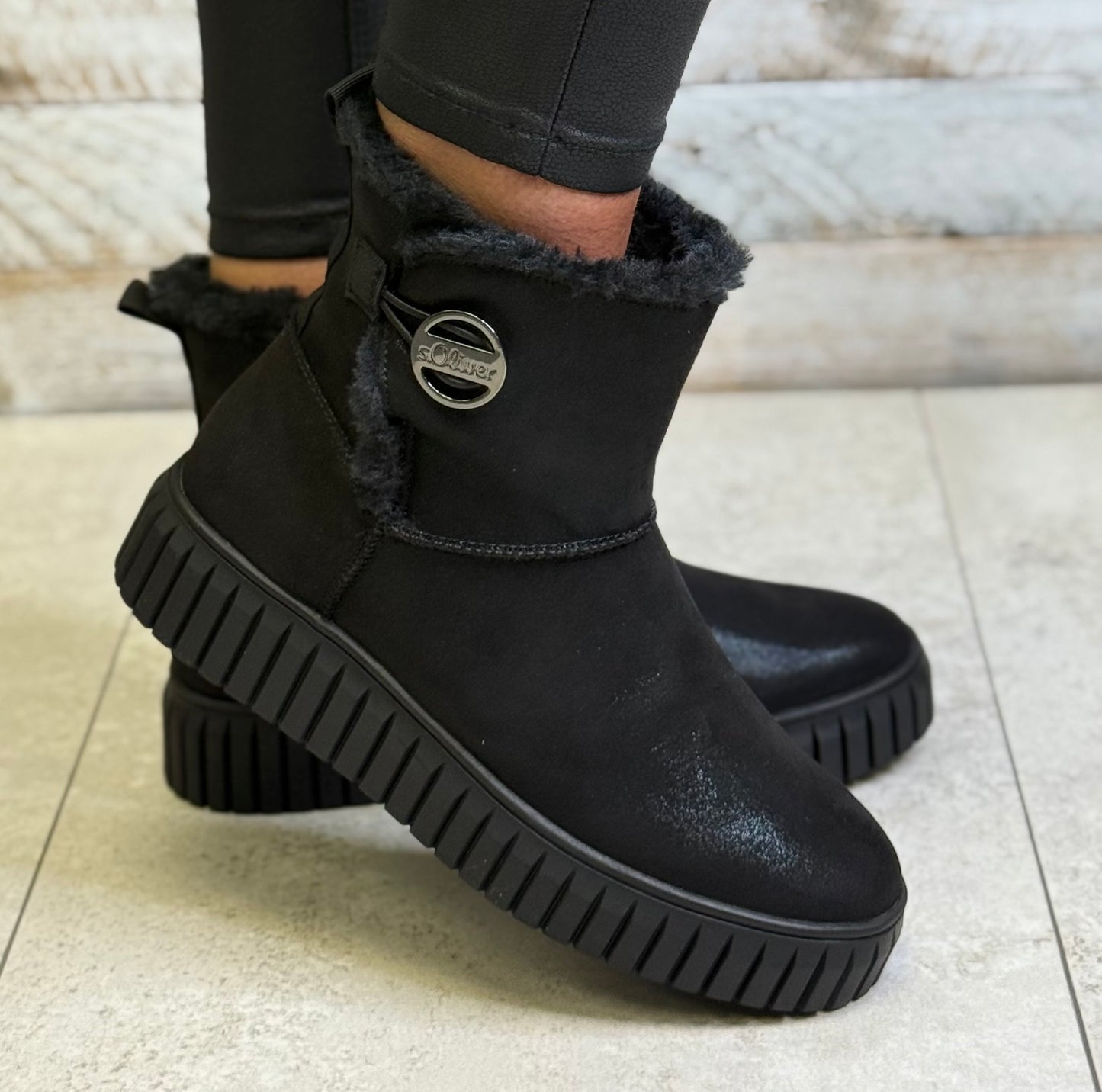 S Oliver - Black Glitter Lined Platform Boot