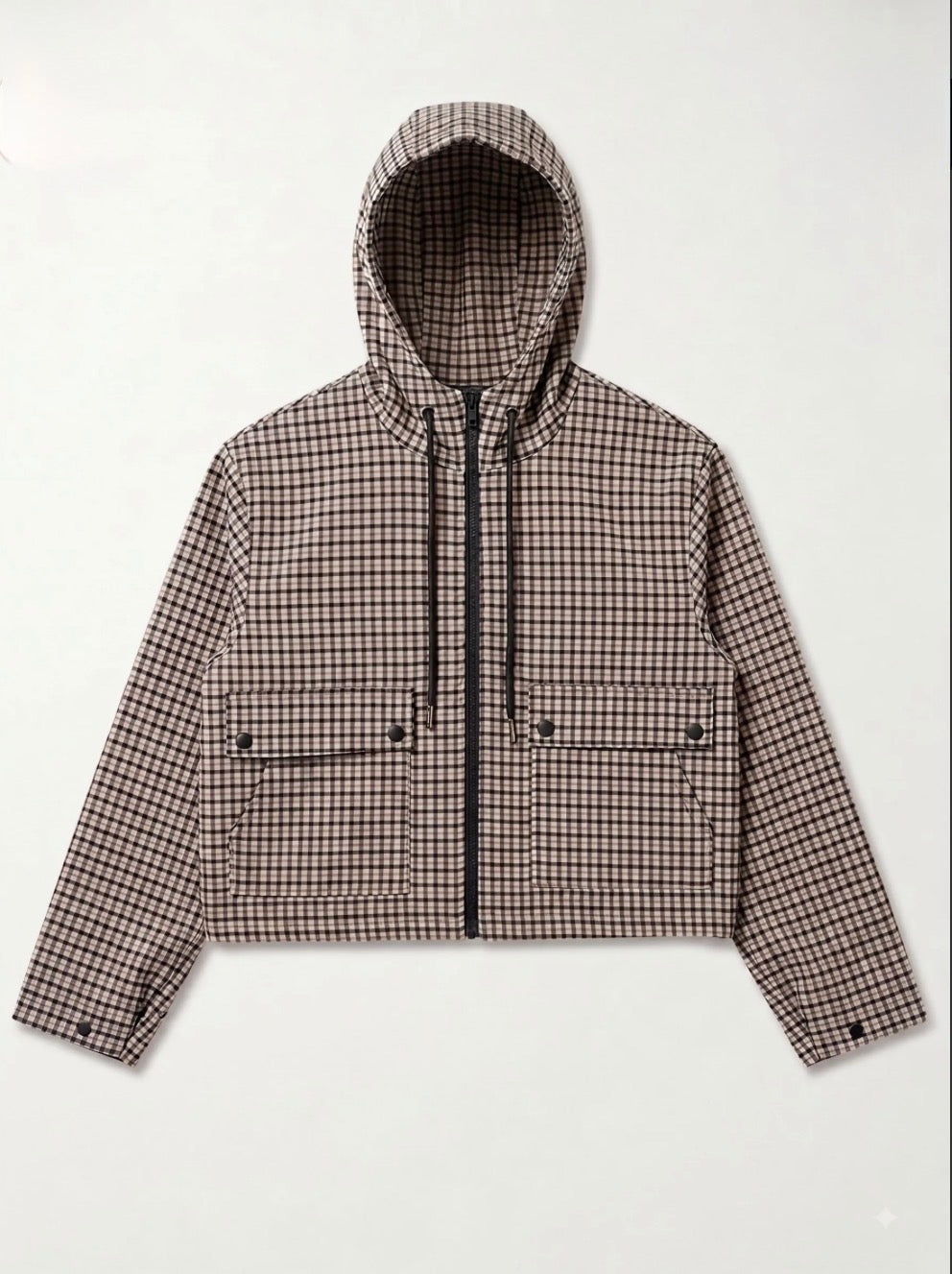 Taupe Checked Short Hooded Jacket