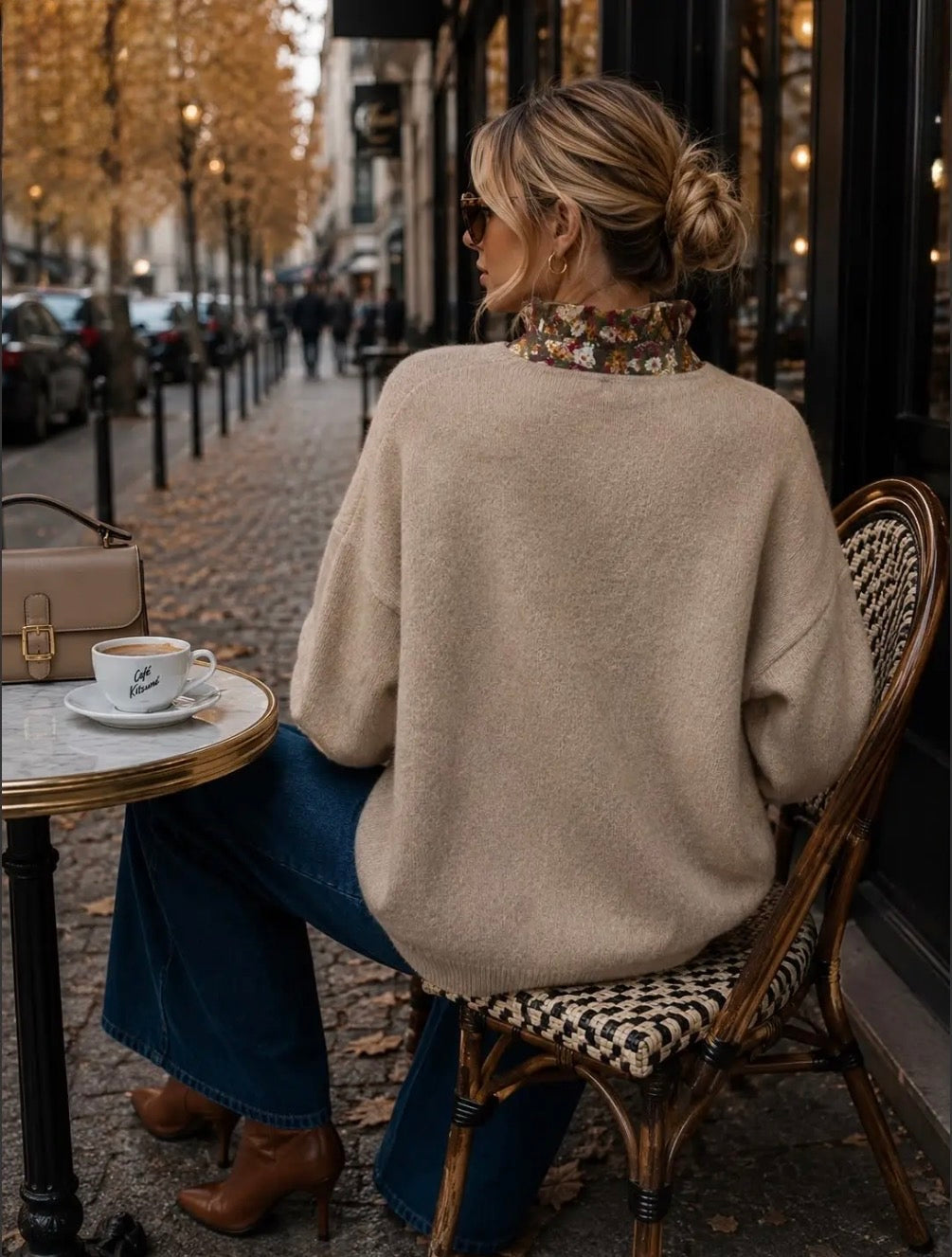 Taupe Knit With Floral Ruffled High Neck