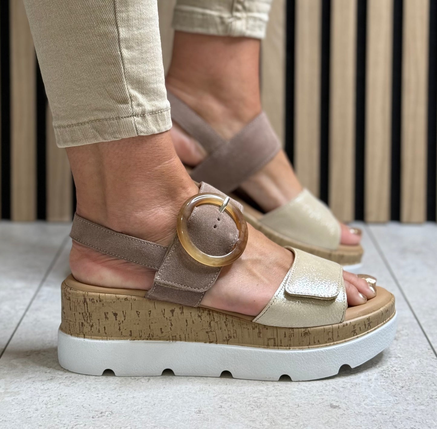 Lotus - 'Cammie' Taupe/Gold Leather Platform Sandal