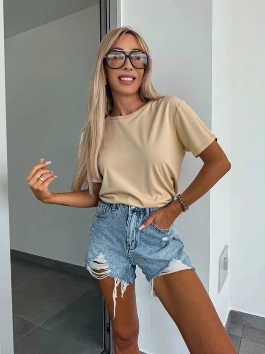 Beige Cotton Round Neck Tee