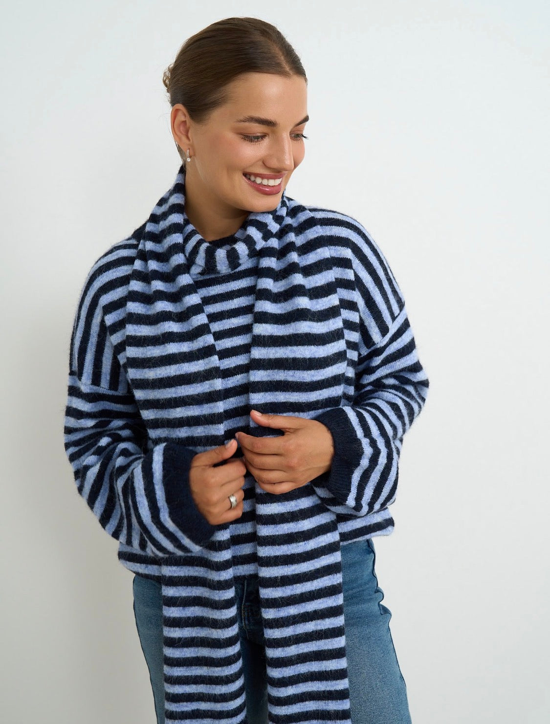 Navy Stripe Oversized Knit With Detachable Scarf
