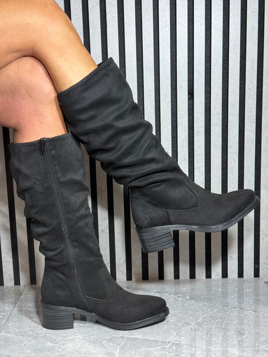 Rieker - Black Ruched Mid Block Heel Boot