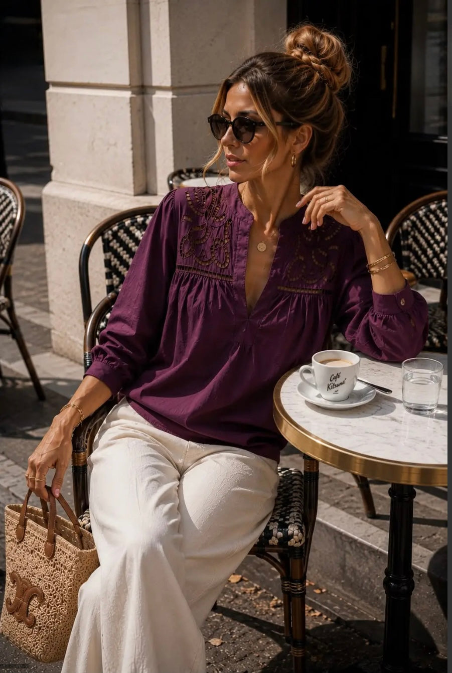 Plum Openwork Embroidery Blouse
