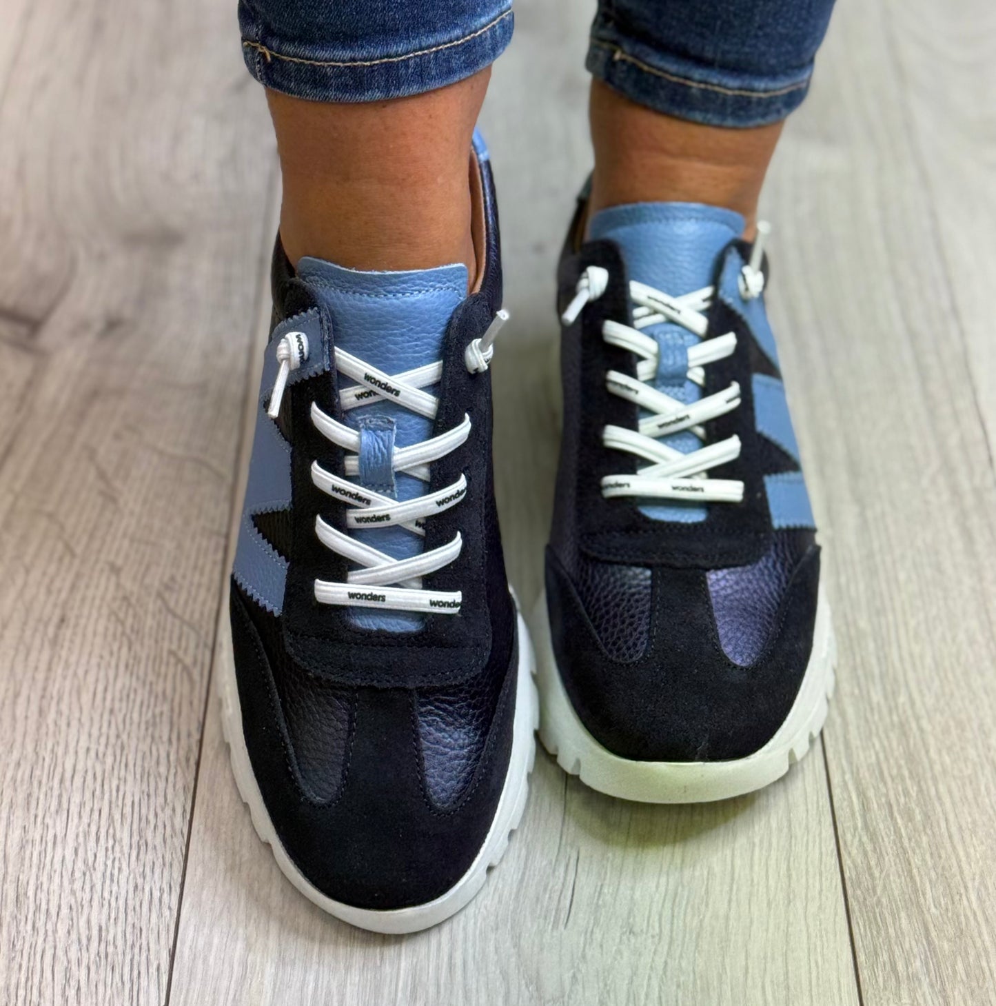 Wonders - A-2476 Navy/Blue Combo Leather Trainer