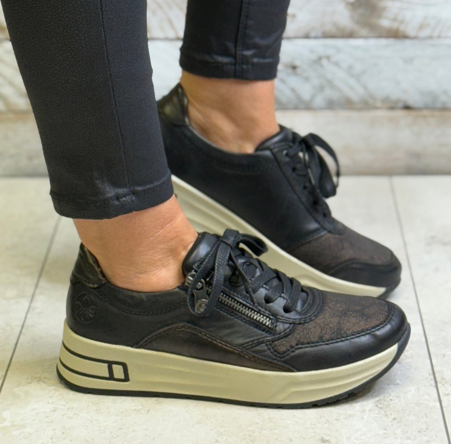 Rieker -  Black Combo Wide Fit Leather Trainer