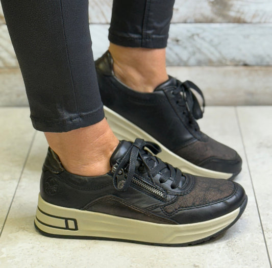 Rieker -  Black Combo Wide Fit Leather Trainer