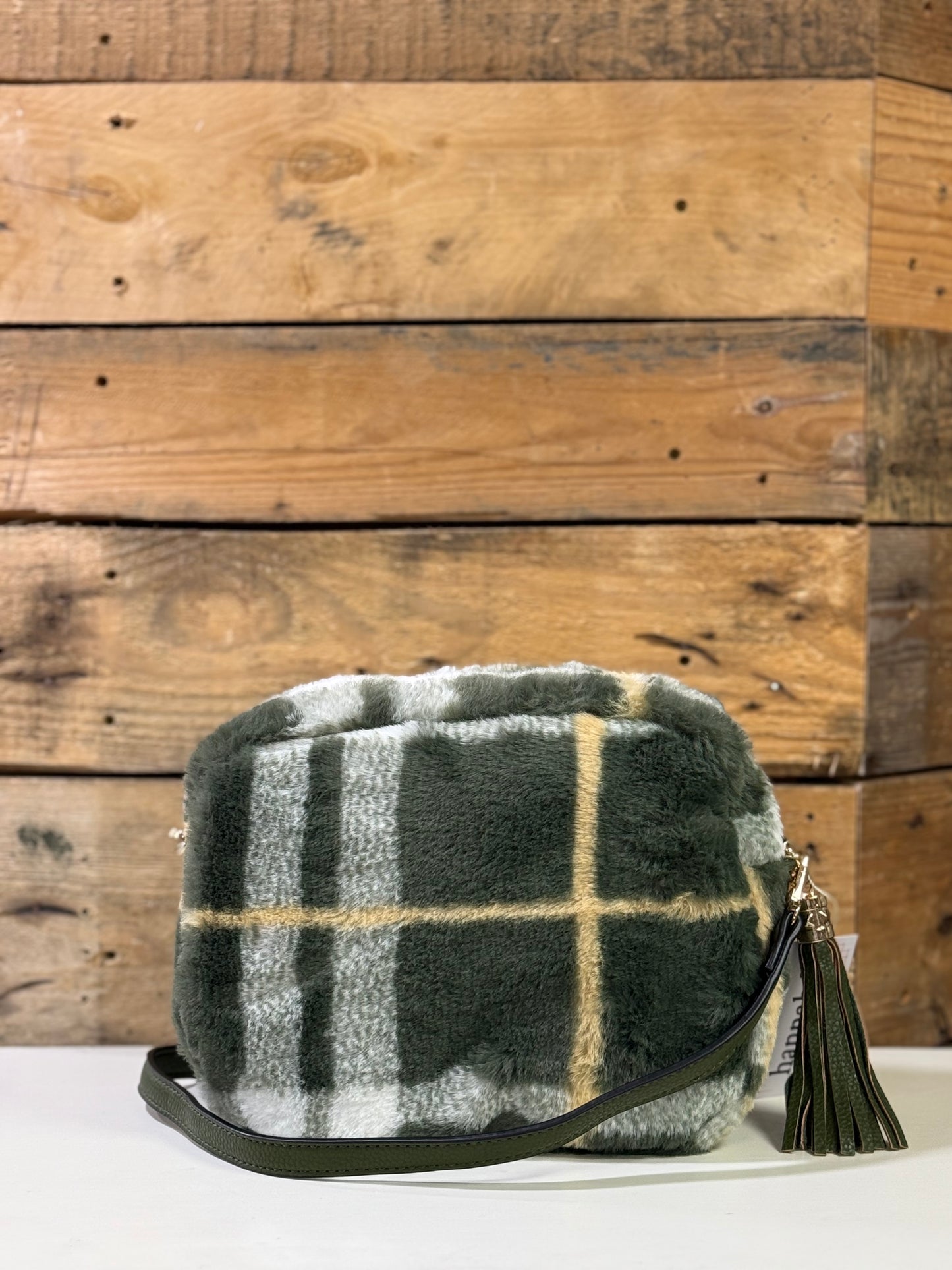 hannah k - 'Quiesha’' Moss Green Check Teddy Fur Crossbody