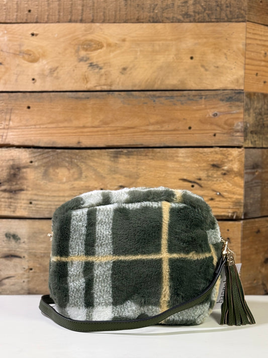 hannah k - 'Quiesha’' Moss Green Check Teddy Fur Crossbody