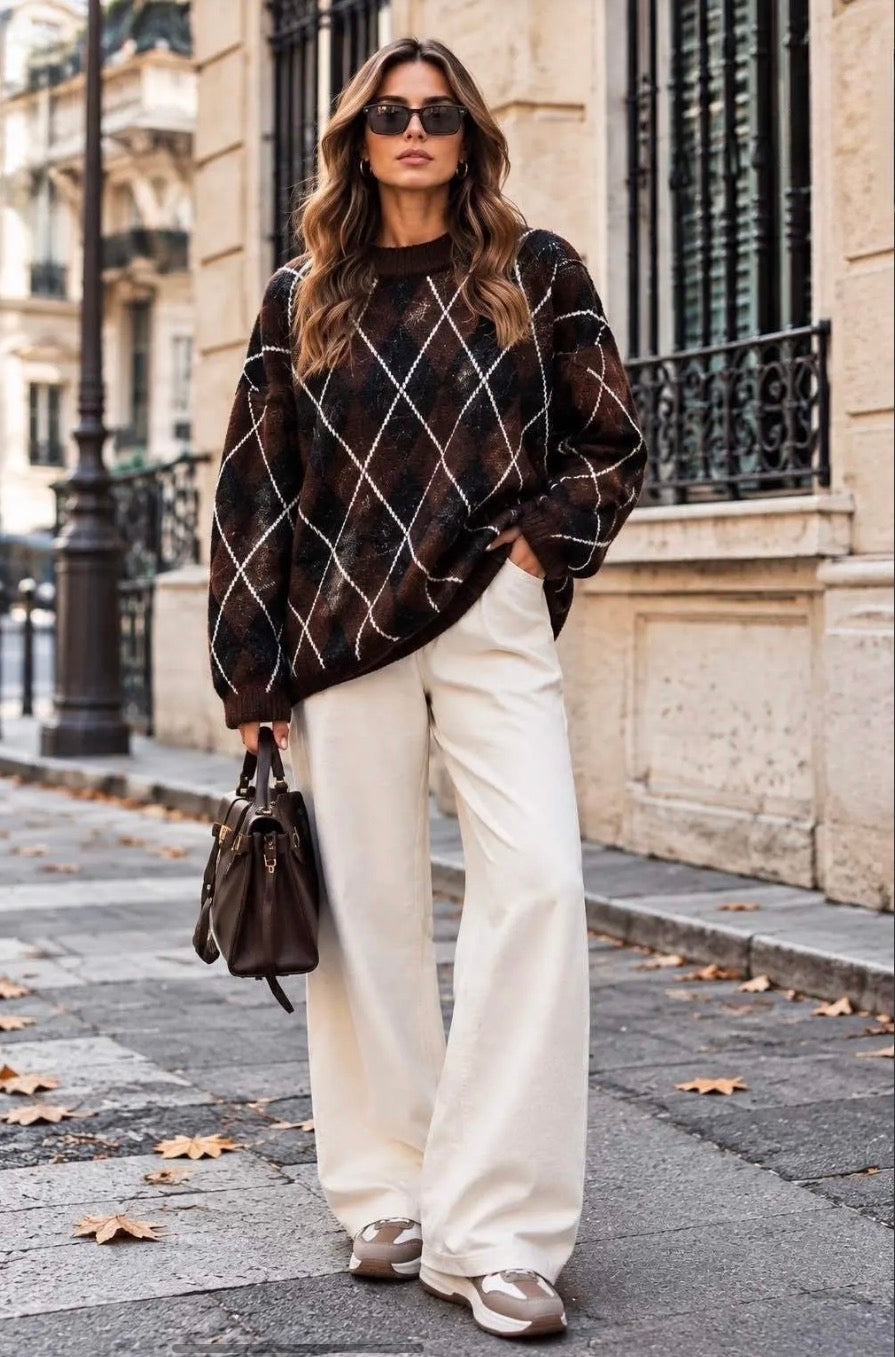 Coffee Diamond Pattern Oversized Jumper