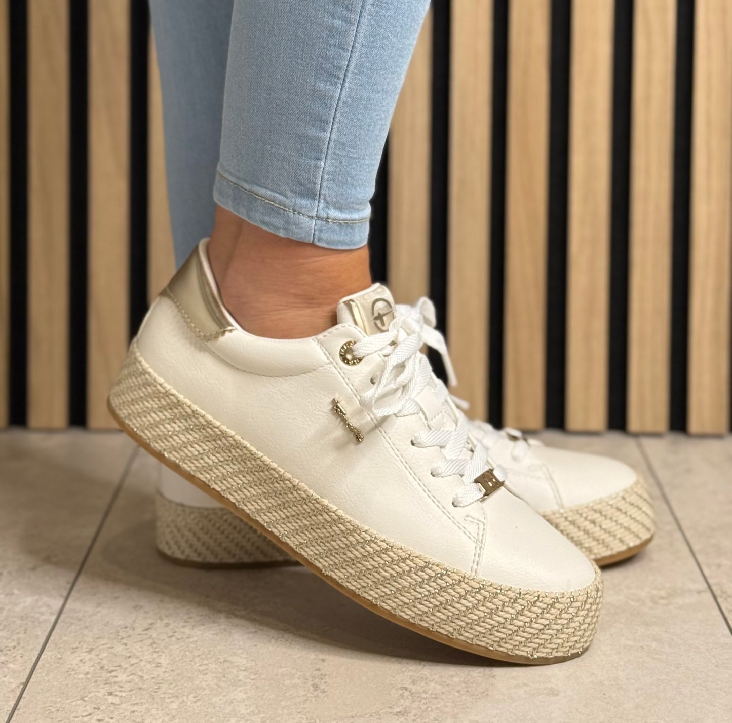 Tamaris - White/Gold Woven Sole Platform Trainer