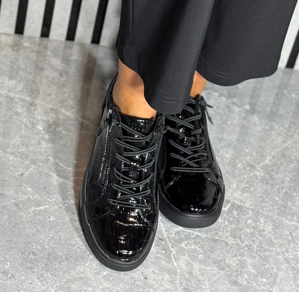 Jana - Black Croc Patent Trainer