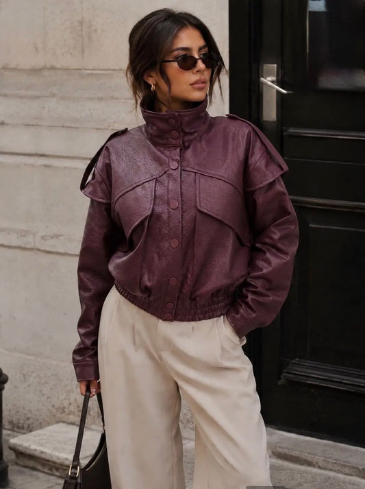 Plum Short Faux Leather Jacket
