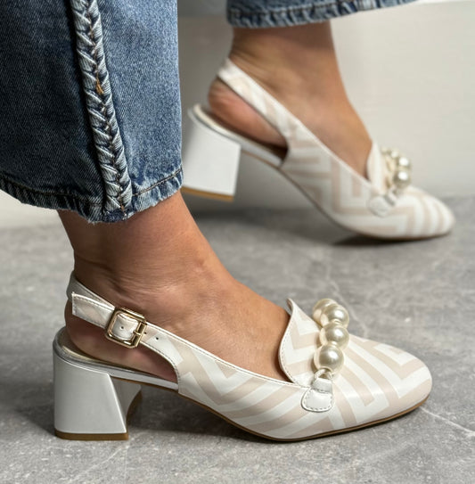 Dancing Matilda - Off White Pearl Detail Slingback Shoe