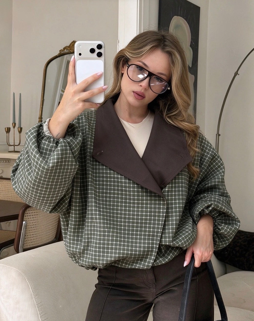 Khaki Checked Adjustable Collar Jacket