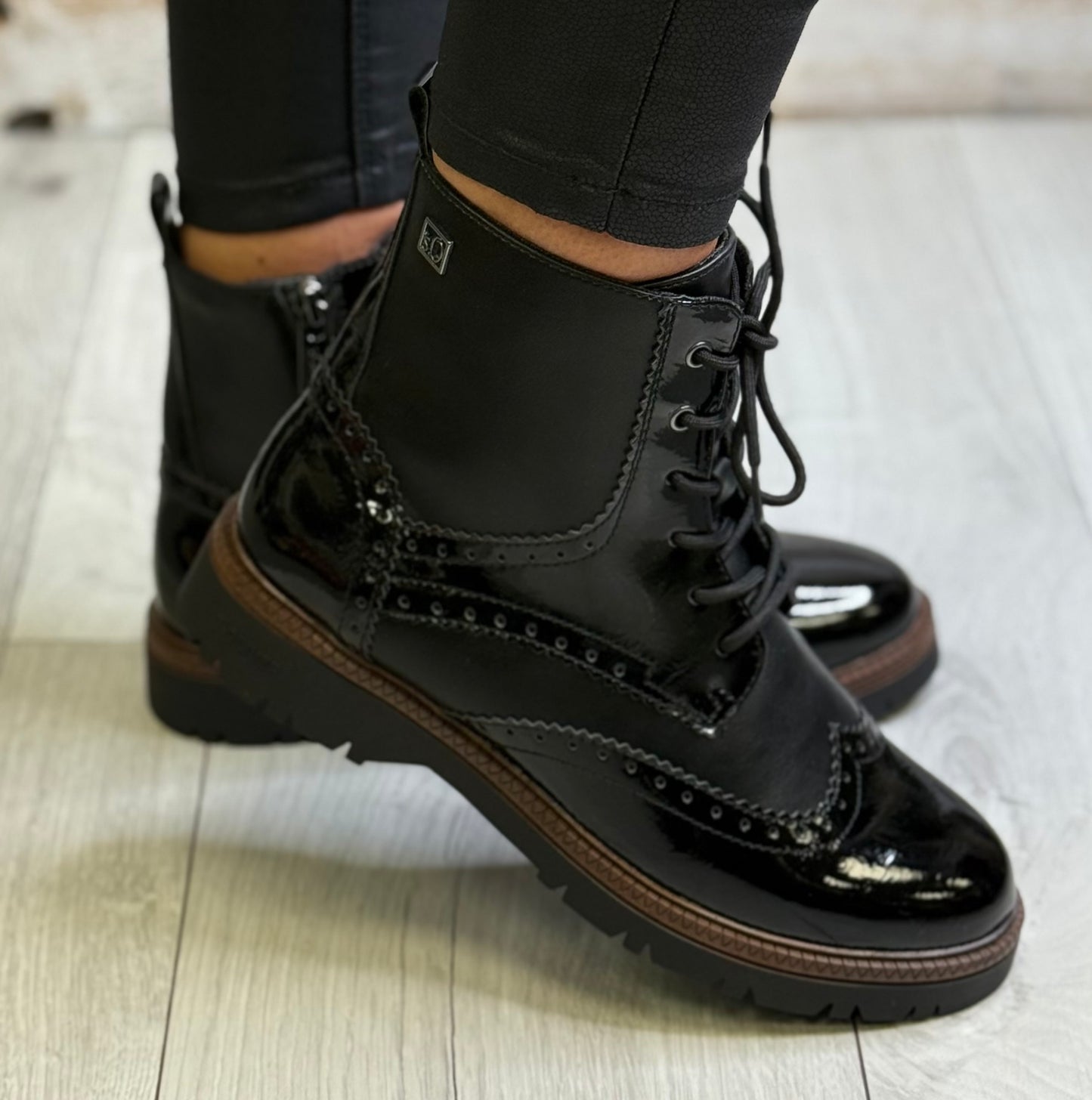 S Oliver - Black Patent Combo Brogue Boot