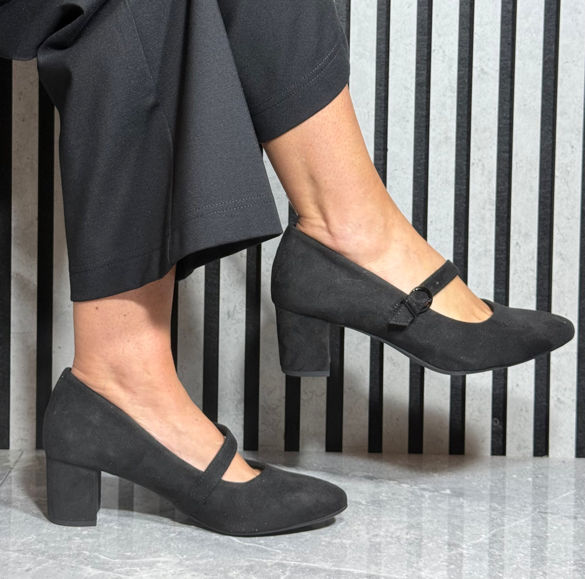 Jana - Black Strap Block Heel Shoe