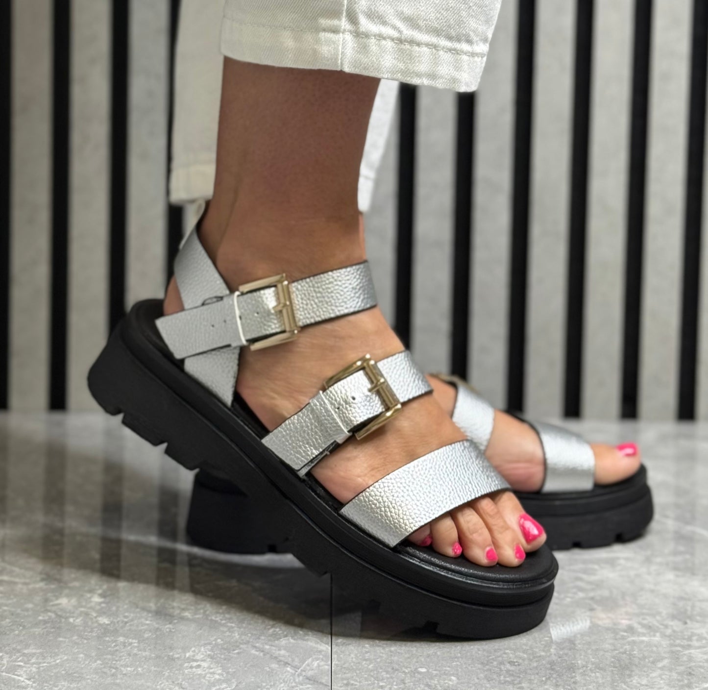 Una Healy - 'Something' Chrome Crush Strap Sandal