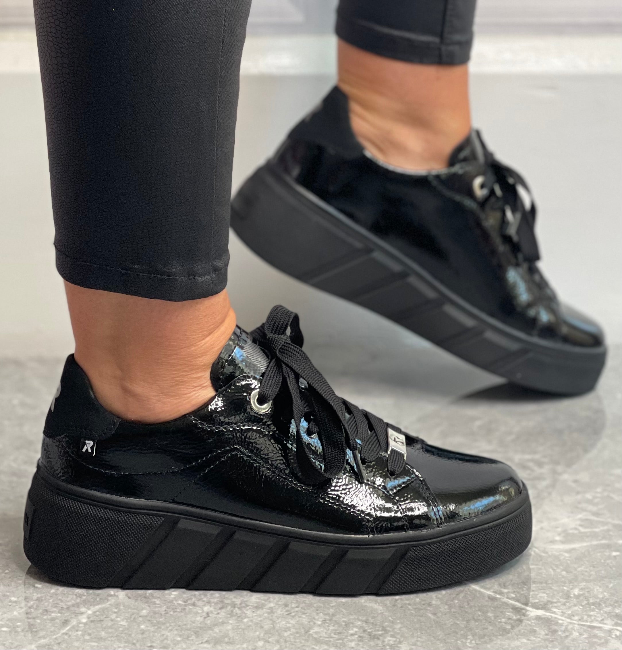 Rieker Revolution Black Patent Platform Leather Trainer