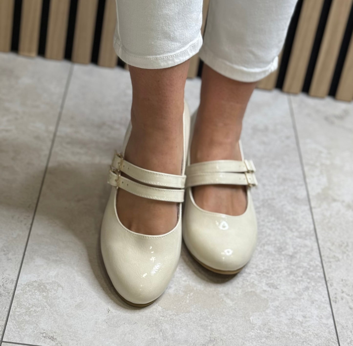 Jana - Ivory Patent Strap Detail Block Heel