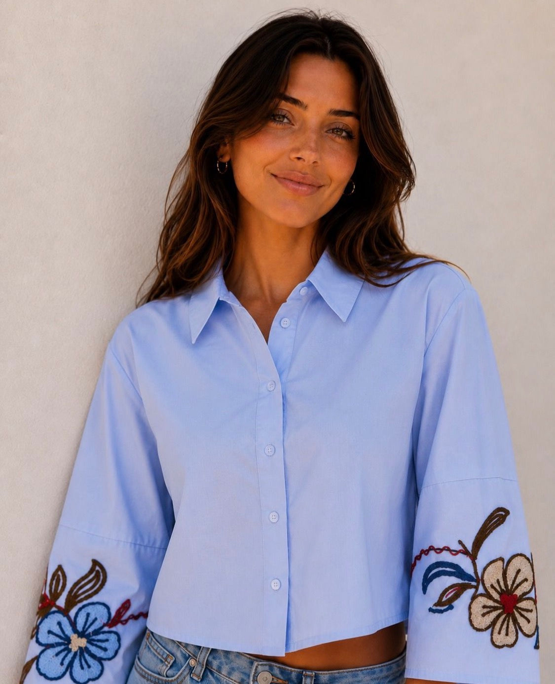 Baby Blue Embroidered Sleeve Shirt