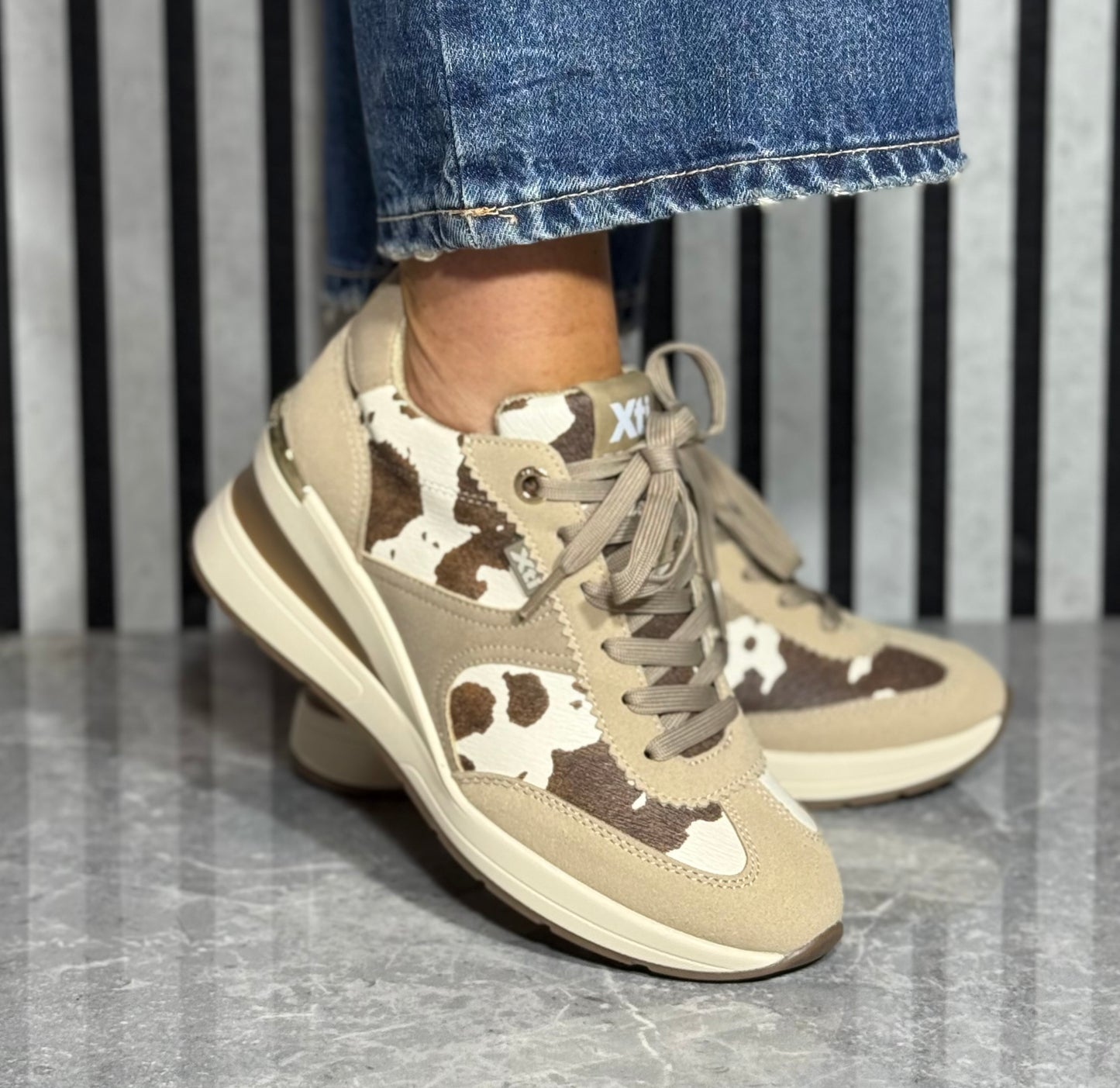 Xti - Beige Cow Print Wedge Trainer (146367)