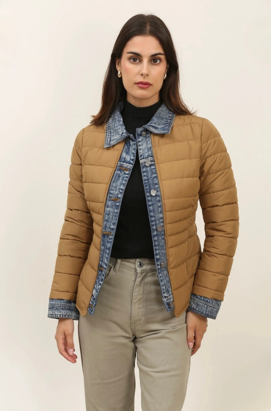 Camel/Denim Trim Short Puffer Jacket