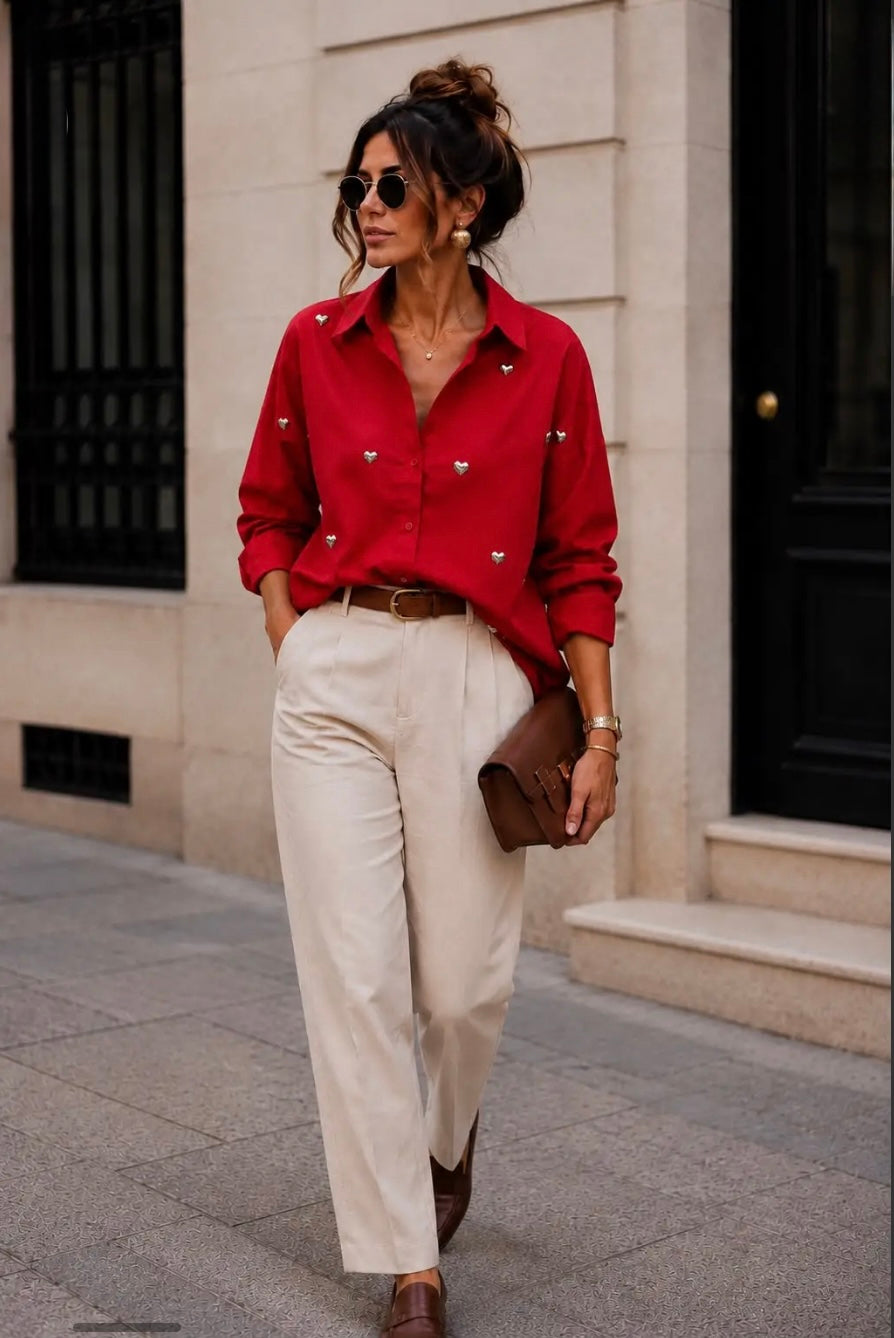 Red Metallic Heart Detail Shirt