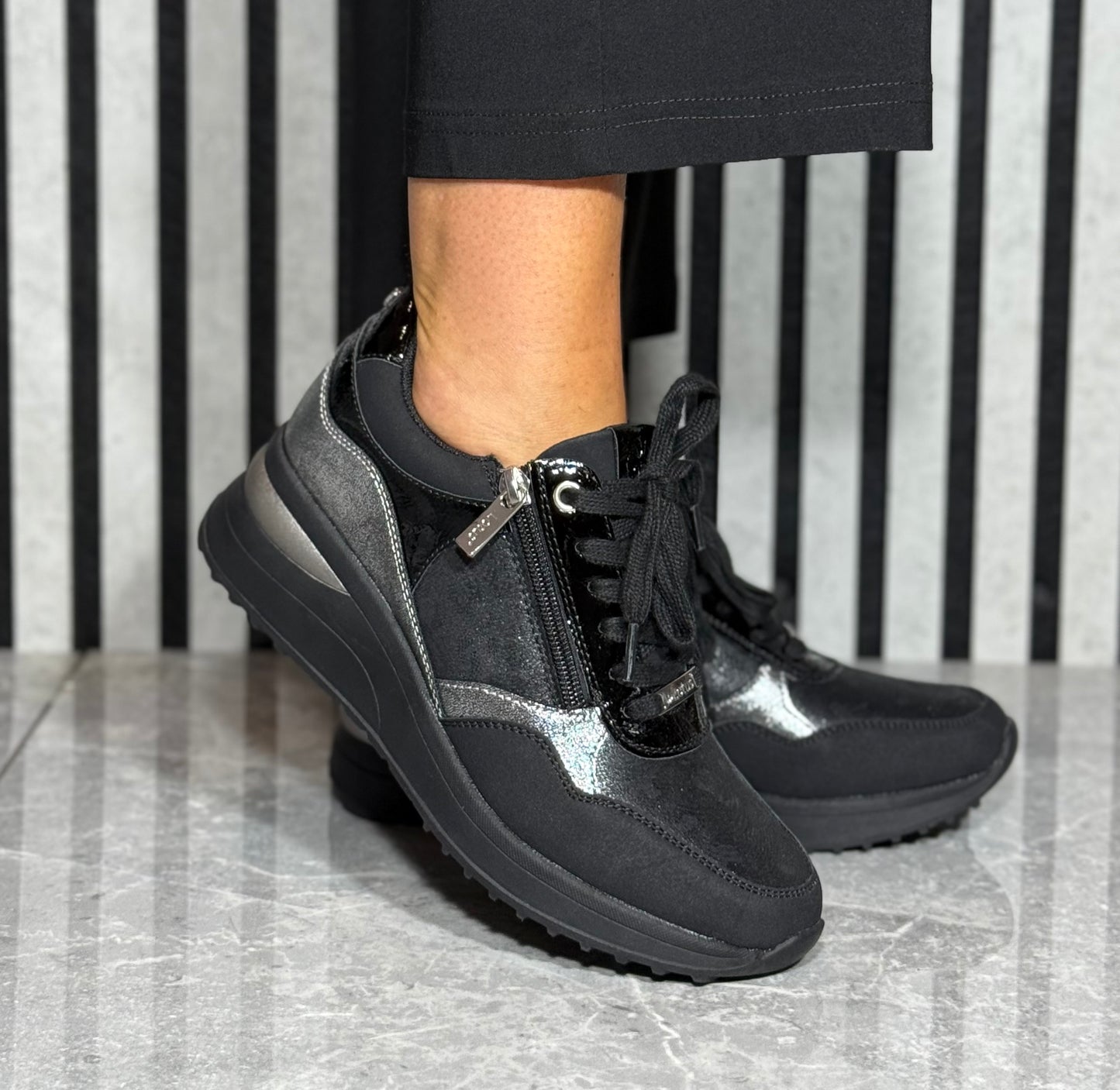 Lotus - 'Pluto' Black/Silver Wedge Trainer