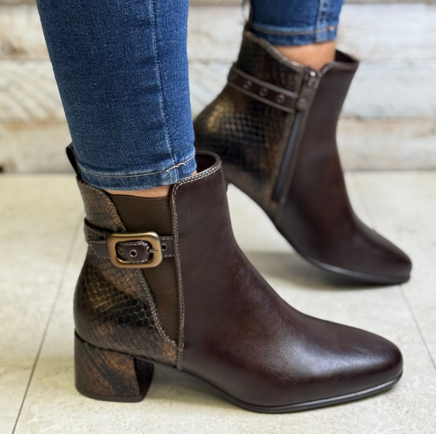 Marco Tozzi - Brown/Bronze Snake Print Combo Boot