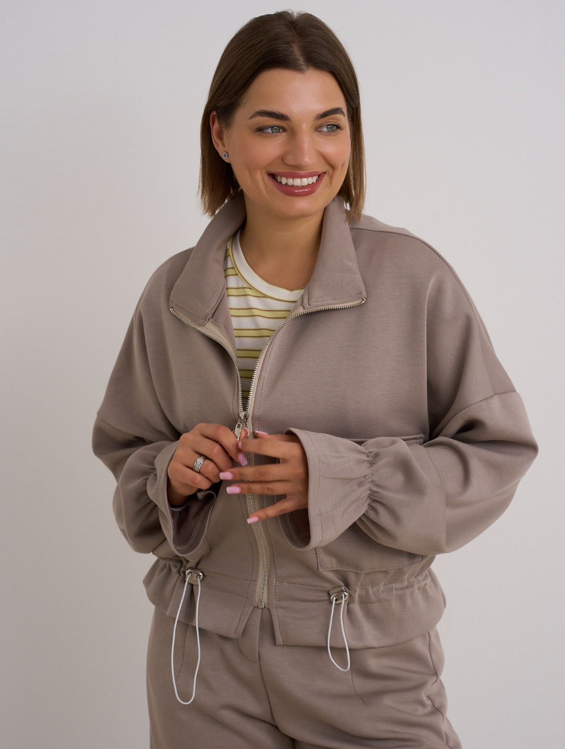 Beige Drawstring Bomber Jacket