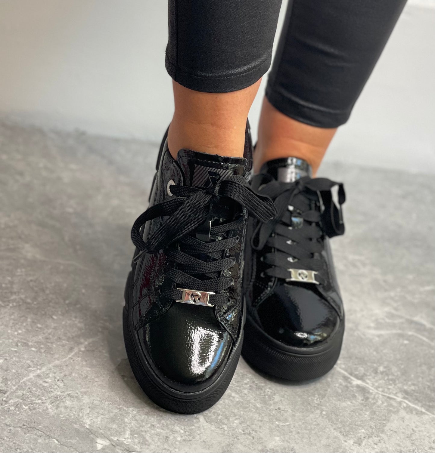 Rieker Revolution - Black Patent Platform Leather Trainer