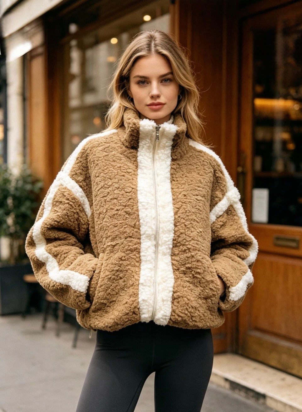 Caramel/Cream Stand Up Collar Teddy Fleece