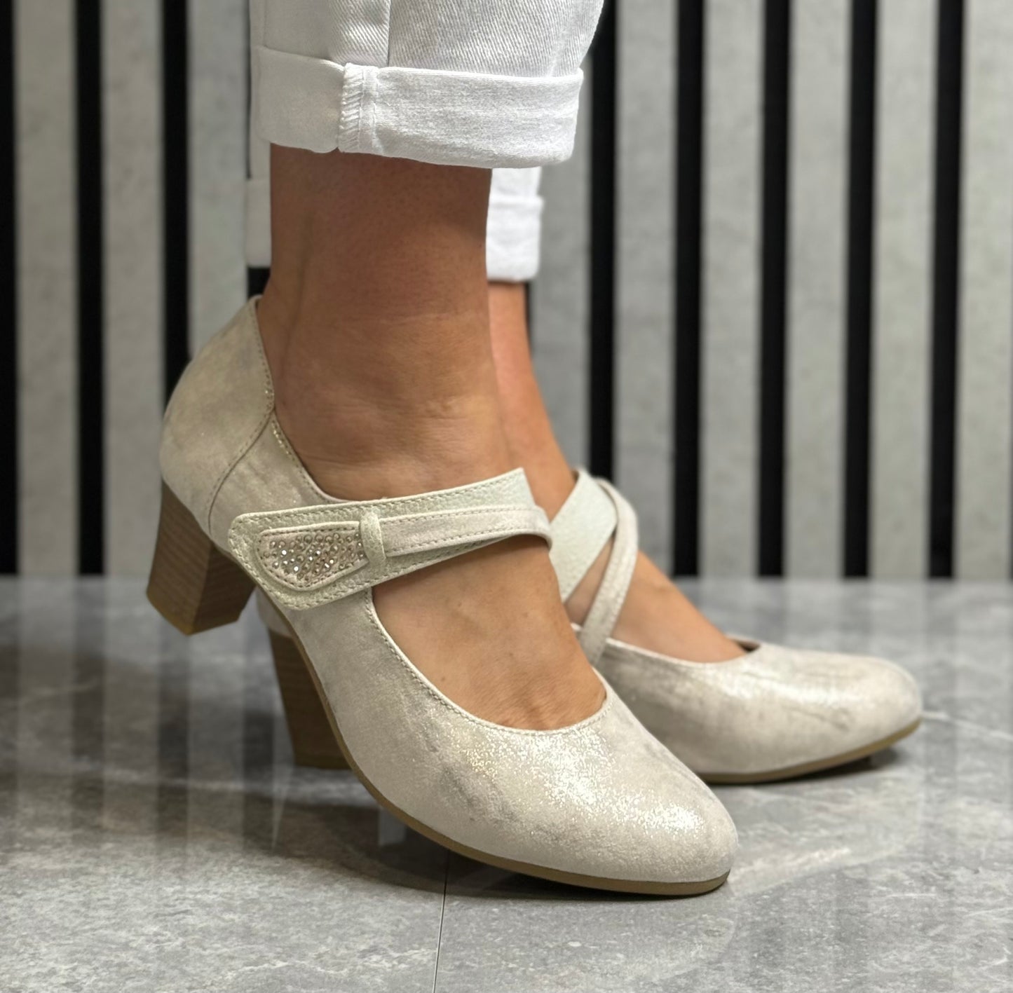 Jana - Beige/Gold Metallic Strap Shoe