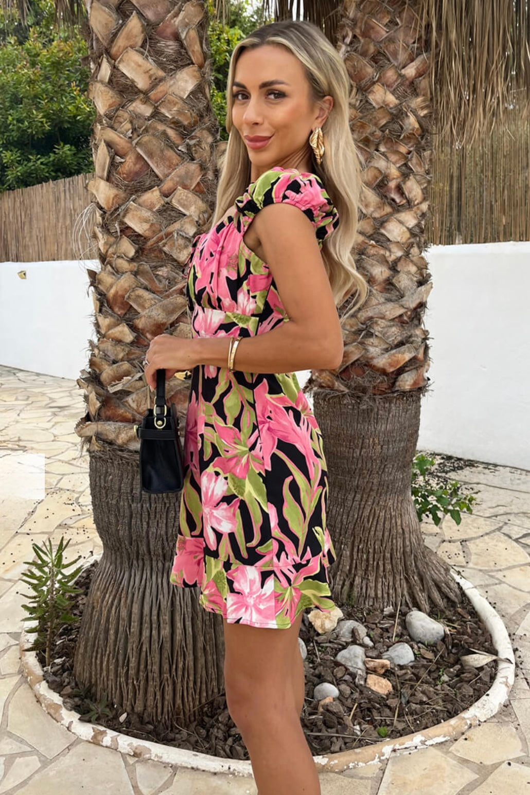 AX Paris - Pink Tropical Flower Print Tie Front Mini Dress