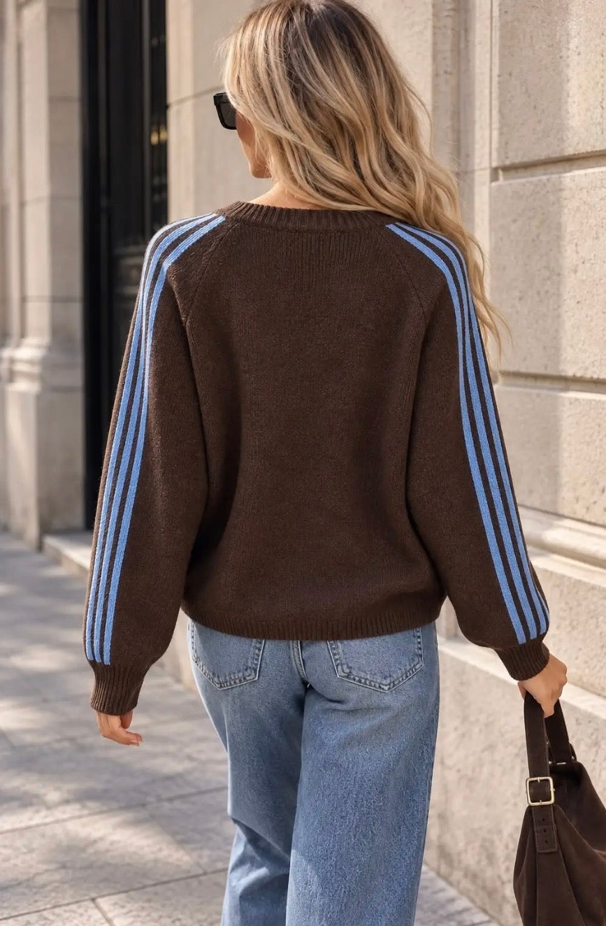Brown/Blue Balloon Sleeve Toggle Closure Knit Cardi