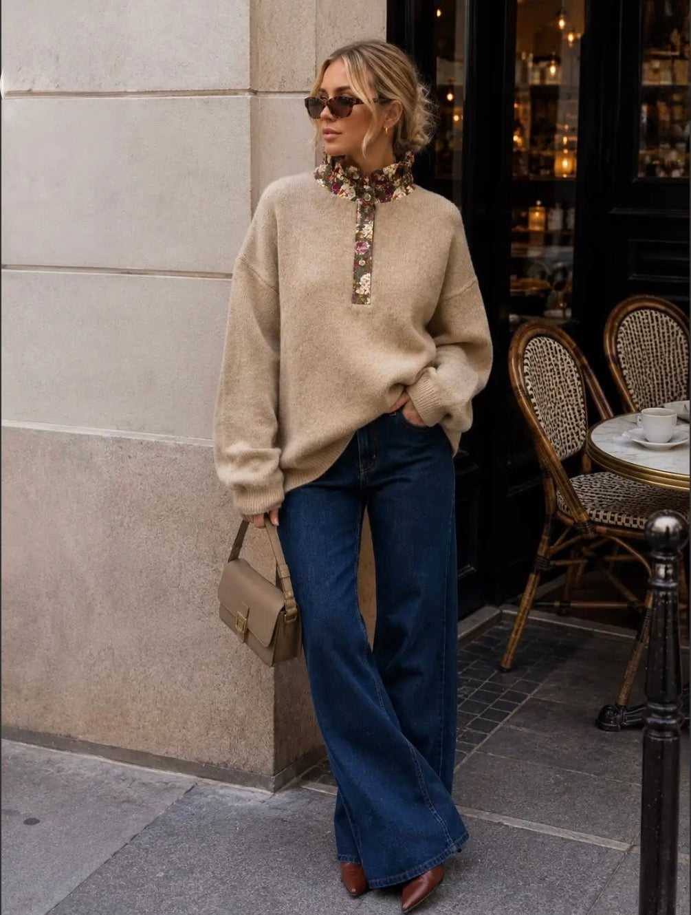 Taupe Knit With Floral Ruffled High Neck